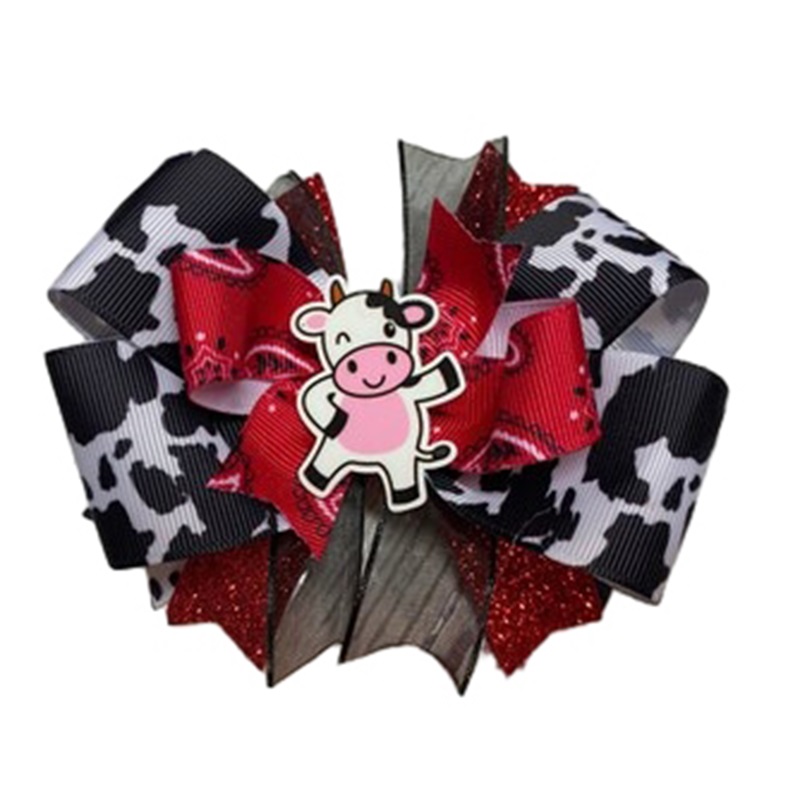 Cartoon Milk Cow Hair Clips For Baby Girls, Grosgrain Ribbon Bow
